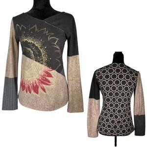 ANAC Gold Gray Floral Sweater Metallic Colorblock Sunflower Print Knit Whimsical